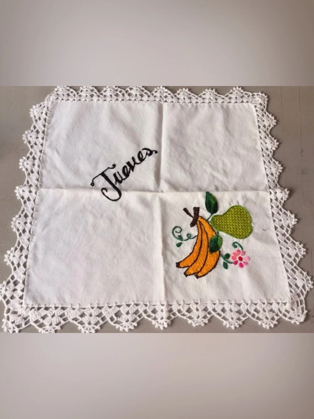 White Embroidered Fruit Table Linen with Crochet Edge - Unbranded